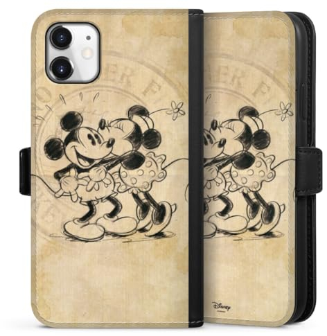 Klapphülle kompatibel mit Apple iPhone 11 Handyhülle aus Kunst Leder schwarz Flip Case Mickey Mouse Minnie Mouse Vintage