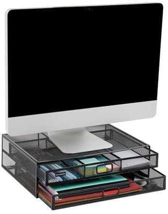 Mind Reader 2TDMESHY-BLK Monitorständer aus Metall mit 2 Schubladen, Schreibtisch-Organizer, hält PC, Laptop, Notebook, Drucker und mehr, schwarz, Drawers