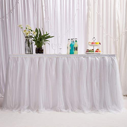 14ft / 426cm Weiß Tischrock, romantische Tüll Schreibtisch Gaze, Tischdekoration, Schneeflocke Wonderland Tutu Tischdecke, für Babyparty,Hochzeit,Geburtstag,Party,Bar,Valentinstag Weihnachten