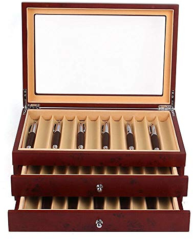 Stifthalterbox Stifte Sammelbox Stifthalterbox mit 3 Ebene Vitrine Federhalter Display Organizer Box mit Glasfenster für 34 Füller Stifte, Hölzern Rot