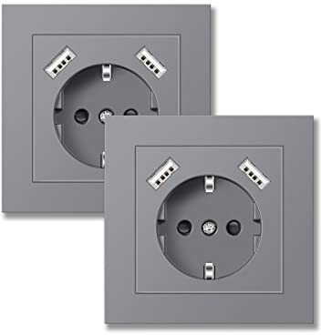 Altopbum USB Steckdose Unterputz, Schuko Steckdose mit 2 USB Ladegerät Anschluss (Max.3.4A) System 55 Schutzkontakt-Steckdose 1-Fach Rahmen Wandsteckdose für Smartphone MP3, 2er-Pack, Grau