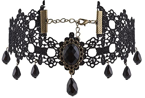 Yolev Choker Schwarze Spitze Gothic Steampunk Halskette Choker Halsband mit Kristallen Vampir Kette Frauen und Mädchen Vampir Accessoire Cosplay Schmuck Party Vintage Kostüme Damen
