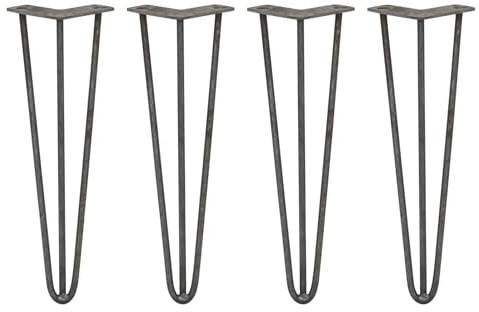 4 x Hairpin Legs/Hair Pin Legs Set SkiSki Legs Furniture Desk Bench Chair Coffee Table Stand DIY Project 16 3 Prong 10mm Raw Steel & Protector Feet Polymer Disk Traditional Rustic Style…