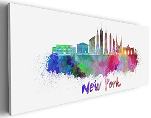Wallario XXXL Riesen- Leinwandbild Städte als Aquarell - Skyline von New York - Wandbild 80 x 200 cm Brillante lichtechte Farben, hochauflösend, verzugsfrei, Kunstdruck