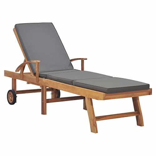 Keketa Sonnenliege mit Auflage Gartenliege mit Rollen Strandliege Relaxliege Holzliege Liegestuhl Terrassenliegen Rückenlehne und Fußteil Verstellbar Massivholz Teak Dunkelgrau