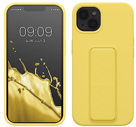 kwmobile Case Compatible with Apple iPhone 13 - Case with Hand Strap and Stand Soft TPU Silicone Coating - Radiant Yellow