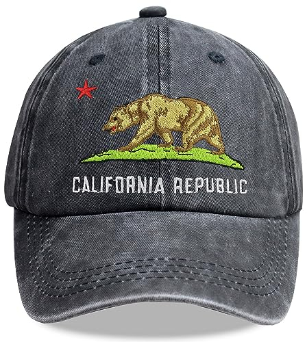 Tacoesha California Bear Hüte für Damen und Herren, Distressed Baumwolle verstellbar bestickt Cali Republik Staatsflagge Baseball Cap, Schwarz bestickt, Einheitsgröße