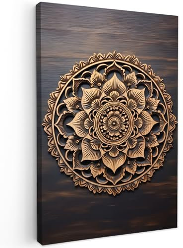 MuchoWow© Bild auf Leinwand 60x90 cm Schlafzimmer Bilder Wand Deko Wohnzimmer Modern Wanddeko Bilderwand Geschenk Mandala - Holz - Blumen - Braun