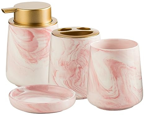 Milky Way Badezimmer-Zubehör-Set, 3 Stück/4 Stück Keramik-Marmor-Arbeitsplatte, Badezimmer-Zubehör-Sets – Zahnbürstenhalter, Zahnputzbecher, Seifenschale, schäumender Seifenspender (rosa – 4-teiliges