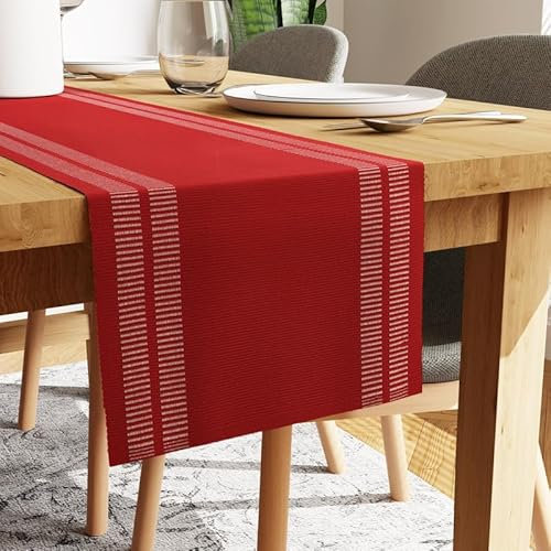 Encasa XO Tischläufer | Garngefärbte Feinripp-Baumwolle | Größe 32x240 cm | Leiter Rot | Maschinenwaschbar