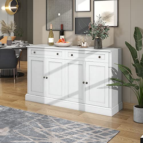 Oyemige Sideboard Weiß Kommode mit 4 Türen und 2 Schubladen, 150x40x86cm Küchenschrank Sideboard Antikweiß Wohnzimmer Küche, Buffetschrank Cabinet Anrichte Küchenschrank mit Weiß Arbeitsplatte