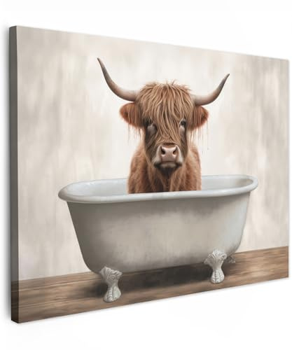 MuchoWow© Bilder Wohnzimmer Deko Modern Wandbild Foto auf Leinwand Bild | 70x50 cm - Schlafzimmer Room Decor Geschenke Hochlandrind - Highland Cow - Bad - Badezimmer - Badewanne - Braun