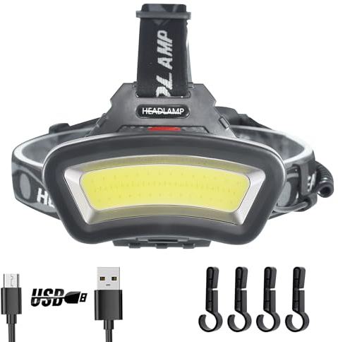 PZZOE Linterna frontal recargable por USB, linterna LED de alta luminosidad, reflector COB, luz superbrillante para adultos, mantenimiento, construcción, haz ancho de 230°