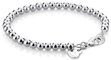 Dankadi Bracelet de Perles pour Femme en Argent 925 Large de 4MM 6MM Sans et Avec Pendentif Coeur, Long 13-21CM Doré Or Rose Cadeau Fête Maman Homme