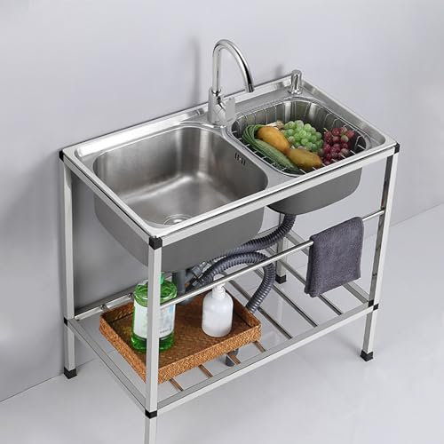 Fregadero de Acero Inoxidable Fregaderos de dos Senos Fregadero de Camping Independiente con Grifo de Agua Fría y Caliente Fregadero Comercial para Restaurante (72x38cm)