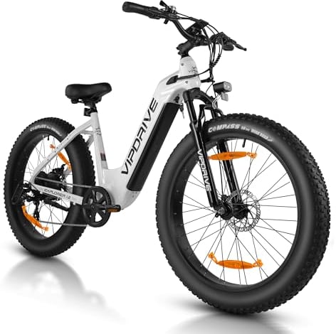 Vipdrive Electric Bikes for Adults, 26 X 4 E-Bike with 48V 15Ah Removable Battery, 5 PAS 4 Mode, 7 Speeds, Range Up to 100KM Electric Mountain Bike (Explorer1.2, White)