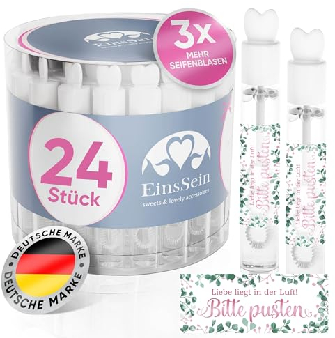 EinsSein Seifenblasen Hochzeit Lovegläschen 24 Stück weiss | mit Bitte Pusten rosa-grün Aufkleber | Herzseifenblasen Gastgeschenke für Hochzeit Hochzeitsdeko Taufe Kirche Standesamt