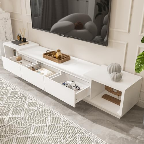 PREMTURE TV Schrank, TV-Ständer, Lowboard für Fernseher, Fernsehtisch mit 3 Schubladen, TV Tisch, TV Bank mit Linke und Rechte Seite Können Verstellt Werden, 270 x 40 x 39 cm,weiß, MDF