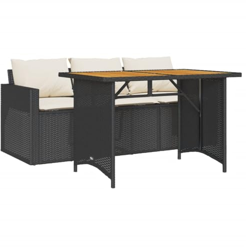 vidaXL Garten Essgruppe 2-TLG., Gartenmöbel Set mit Kissen, Lounge Sitzgruppe für Terrasse, Sitzgarnitur Gartengarnitur Sofa Esstisch, Schwarz Poly Rattan