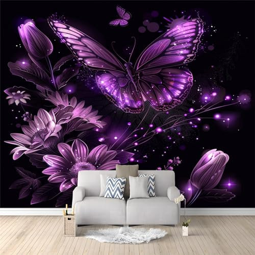 Wall Mural Photo Wallpaper Decoration Purple Butterfly Chrysanthemum Non-Woven Premium Art Print Poster Modern Design 350 x 256 cm Photo Mural for Living Room Bedroom