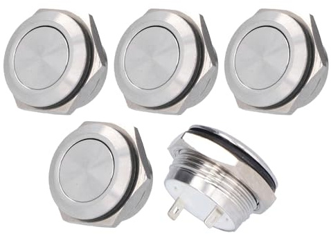 ANKROYU 5 Stück 0 bis 220 V Wasserdichte Edelstahl Drucktaster, Flacher Momentaner Druckschalter für Autos, LKWs, Boote und andere Anwendungen (16mm)