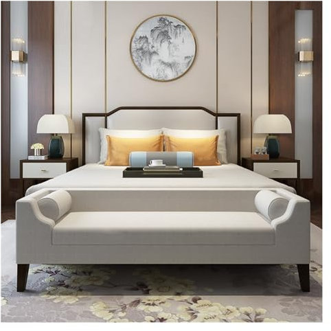 GENHAOSAN Ottoman End of Bed Bench for Bedroom,Upholstered Storage Ottoman Bench with Arms Tufted Bed Bench Entryway Bench with Storage Bedroom Bedside Stool(Color:Beige)