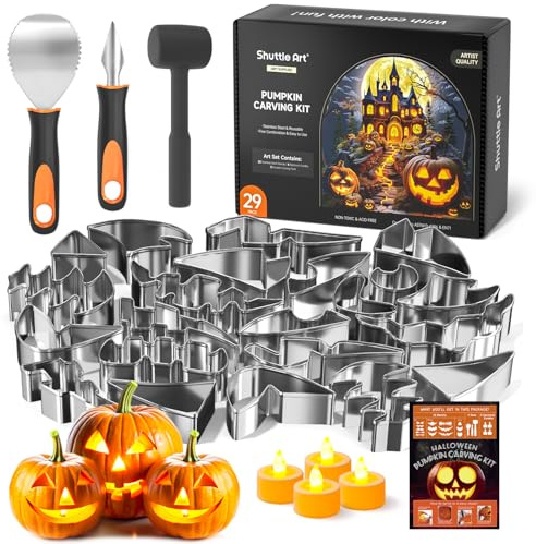 Shuttle Art 29 PCS Pumpkin Carving Kit, Complete pumpkin carving tools | with 22 Stainless Steel Pumpkin Carving Stencils, 4 Electronic Candles & 3 Carving Tools, Halloween DIY