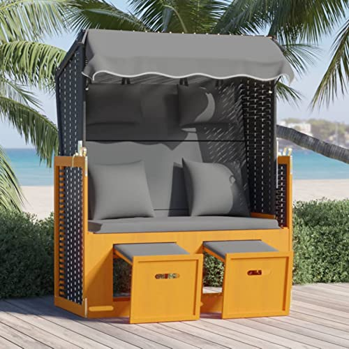 JUDYY Strandkorb mit Kissen, Strandkörbe, Roofed Beach Chairs, Strandkorb Für Draußen, Poly Rattan Massivholz Schwarz Anthrazit