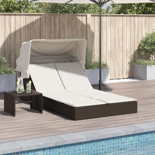 Rantry Doppelliege mit Himmel und braunen Kissen aus Polyrattan, Möbel, Sonnenliegen, Schlafsofa, Pool-Liege, Sonnenliege für den Garten