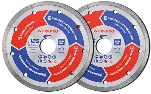 WORKPRO Diamanttrennscheibe 125 x 22,23 mm, Extra Dünne Diamant Fliesenscheibe Trennscheibe Diamantscheibe für Keramik Fliesen Feinsteinzeug, zum Trocken- & Nassschneiden (2 Stück)