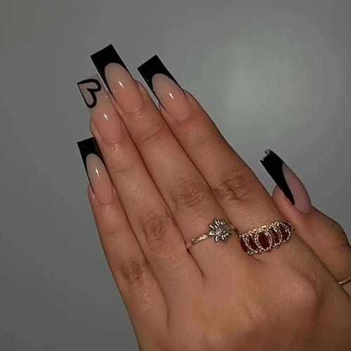 24pcs French Tip False Nails Extra Long Coffin Press on Nails Black Heart Fake Nails Stick on Nails Removable Glue-on Nails Full Cover Fake Nails Women Girls Nail Art Accessories