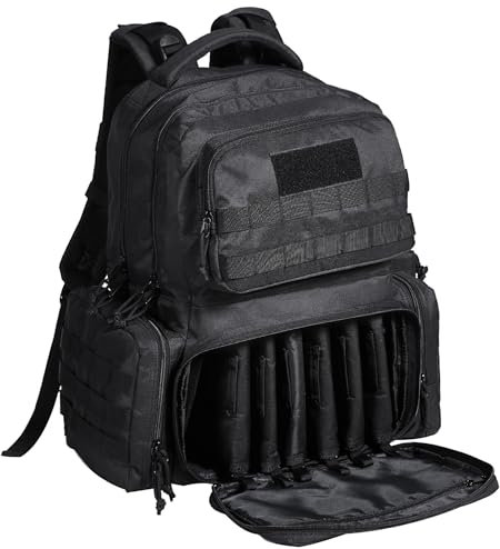VEVOR Pistolentasche Gewehrtasche Pistolentaschen für 6 Pistolen, Pistolenrucksack mit 6 unabhängigen Pistolentaschen & 10 Magazinen, Pistolenrucksack für Outdoor-Jagd, Abschließbare Tasche, Schwarz