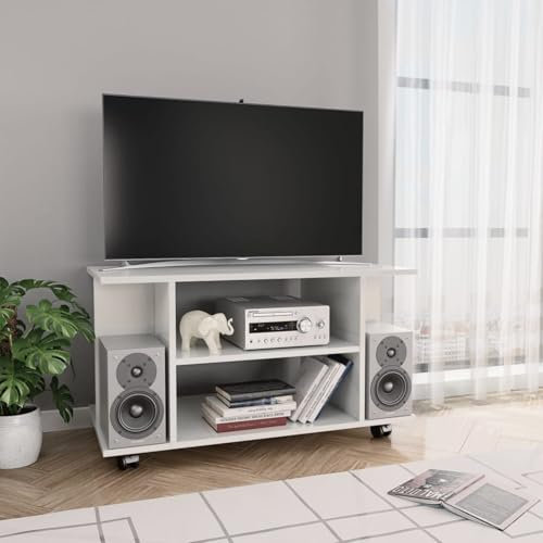 Homgoday Mobile TV con Ruote Bianco Lucido 80x40x45 cm Legno Multistrato, Arredo Mobili Tavolino per TV,Mobile Porta TV Soggiorno,Mobiletto Basso per TV da Salotto Industriale Supporto TV