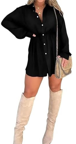 Women Loose Fit Shirt Dress Casual Satin Nights Romper Dress Long Sleeve Lapel Collar V Neck Button Down Short Silk Dress (Black A, XL)