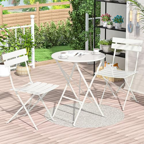 RELAX FIELD Gartenmöbel Set Wetterfest, Balkonmöbel Set 3 Teilig für Kleinen Balkon, Bistrotisch mit 2 Stühlen, Bistro Set Klappbar, Weiß