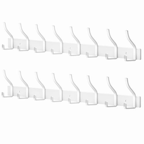 MEIJO Garderobenhaken Edelstahl Garderobenleiste Weiß Kleiderhaken Wand Wandhaken mit 8 Haken, Hakenleiste Garderobe Wandgarderobe für Schlafzimmer Bad Küche Kleiderständer (Weiß, 8 Haken 2 Stück)