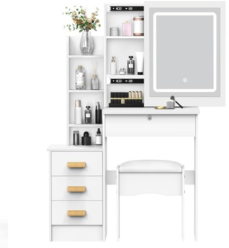 reukmuuc Escritorio de tocador con espejo deslizante, tocador con luz LED con 4 cajones y estantes de almacenamiento ocultos, escritorio de tocador de maquillaje con taburete acolchado, moderno