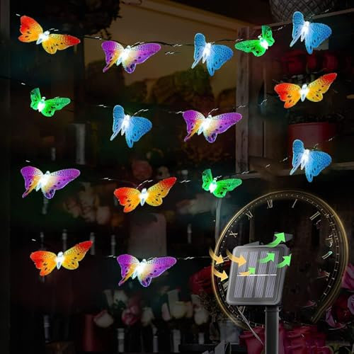 Guirlande lumineuse solaire en forme de papillon - 3,5 m - 10 LED - Avec panneau solaire - 8 modes d'éclairage et arrêt automatique - Pour l'extérieur - Pour jardin, décoration de Noël