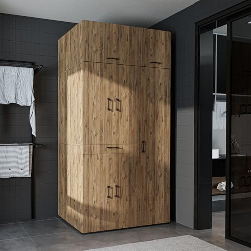 ROOMART Waschmaschinenschrank Dora Set für Trockner & Waschmaschine, in 4 Farben, mit Türen & Ausziehbrett • Weiß • Weiß Eiche • Anthrazit Eiche • Eiche (Eiche - 230 cm hoch)