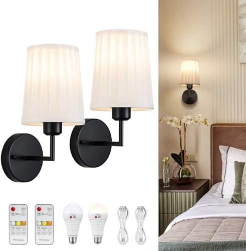 Battery Operated Wall Lights Indoor, Rechargeable Wall Lights Pleated Fabric Wireless Wall Sconces Set of 2 Dimmable with Remote Battery Powered Wall Sconces Wall Lamp for Living Room