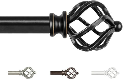 KAMANINA Extendable Curtain Poles 80-148 cm, Black Curtain Pole for Bedroom | Adjustable Curtain Pole, Wall Mounted, Metal, 19 mm Diameter, Load 10 KG, with Twisted Cage Finials, Easy Installation