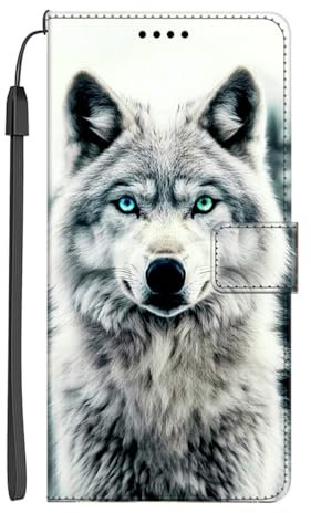 EuoDuo Coque pour Oppo Reno 2Z / Reno2 Z Étui Rabattable Motif Loup Blanc Gris Housse Portefeuille en Cuir PU Téléphone Portable Folio Case avec Porte-Carte Magnétique Protection