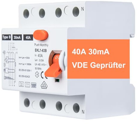 VDE Geprüfter FI Schutzschalter 40A 30mA 4P Typ B | Allstromsensitiv RCD | Für Wallboxen & Ladestationen