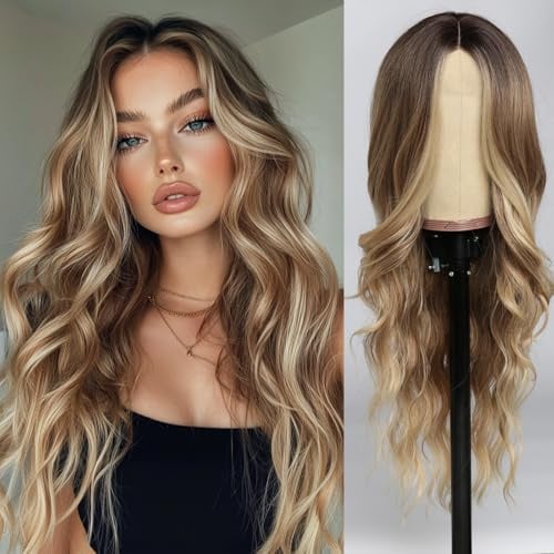 SeclitWu Long Blonde Wig for Women Middle Part Ombre Blonde Wavy Wigs Natural Looking Synthetic Heat Resistant Fiber Wigs for Daily Party Use (26 Inch)