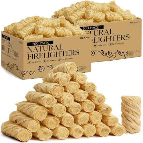 Munnie Natural Firelighters – 400 Eco Wood Wool Fire Lighters for BBQ, Fireplace, Stove, Campfire – Odourless, Fast Lighting, Eco-Friendly Kindling – Long Burn, Non-Toxic, All-Natural Fire Starter