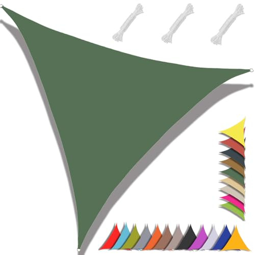 MAJINGC Vela ombreggiante triangolare, 5 x 5 x 7,1 m, impermeabile, 95% protezione UV, giardino, patio, piscina, esterni, viene fornita con corda verde scuro