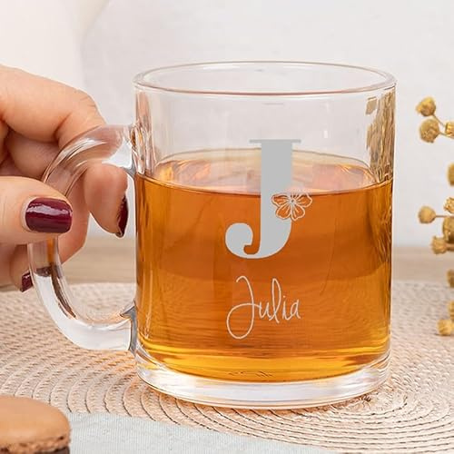 Wanapix | Taza de Cristal Grabada Personalizada | 325cl. | Grabado láser sin color | Regalo Original para padre/madre/amigos | Personalización nombre | Inicial con flor