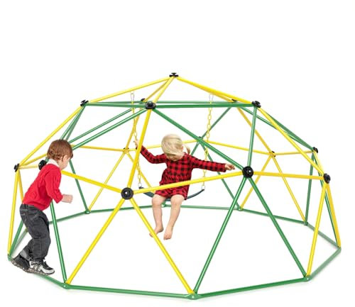 HOMASIS Ø 305cm Kletterkuppel mit Schaukel, Klettergerüst Kuppelform, Kuppel Kletterturm Spielplatz Outdoor Indoor, Kletterleiter bis 363 kg, Kinderklettern für 6 Kinder 3-10 Jahren (Gelb+Grün)