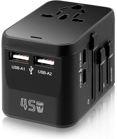 Reiseadapter Weltweit, 45W Universal Reisestecker Adapter mit 2 USB A und 2 USB C, Weltweiter Ladegerät mit PD-Schnellladung, Travel Essentials Adapter für Europa USA Japan Korea Thailand Australien