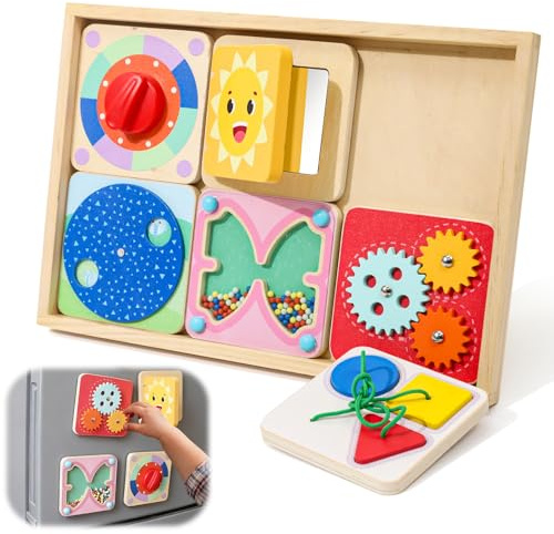 LZDMY Baby Wooden Montessori Toys for 1 2 3 Year Olds, Baby Sensory Toys | Toddlers Travel Toys Educational Busy Board with 6 Activity Boards, Boys Girls 1st Birthday Gifts